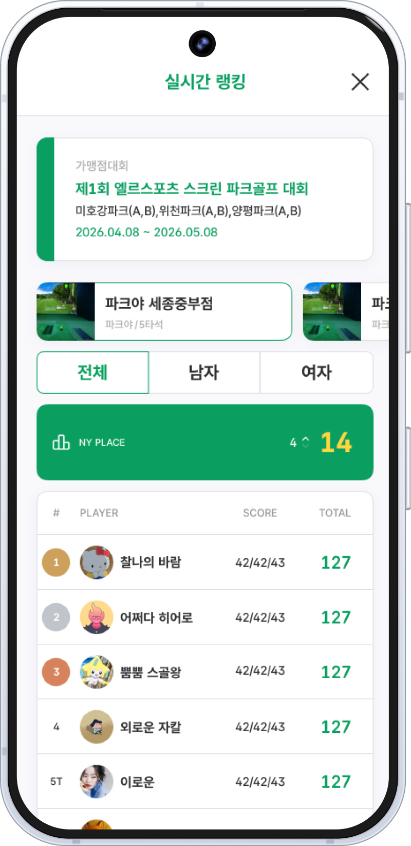 실시간 대회 랭킹